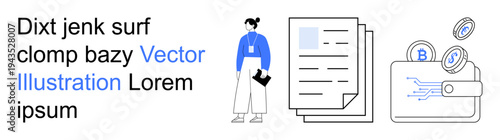 Financial planning, cryptocurrency management, business transactions, digital investments, corporate workflow, fintech solutions. Woman with documents and digital wallet. Financial planning