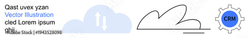 Cloud technology, CRM systems, business solutions, IT services, data exchange, digital transformation. Cloud icons and gear symbol with CRM text. Cloud technology and CRM systems