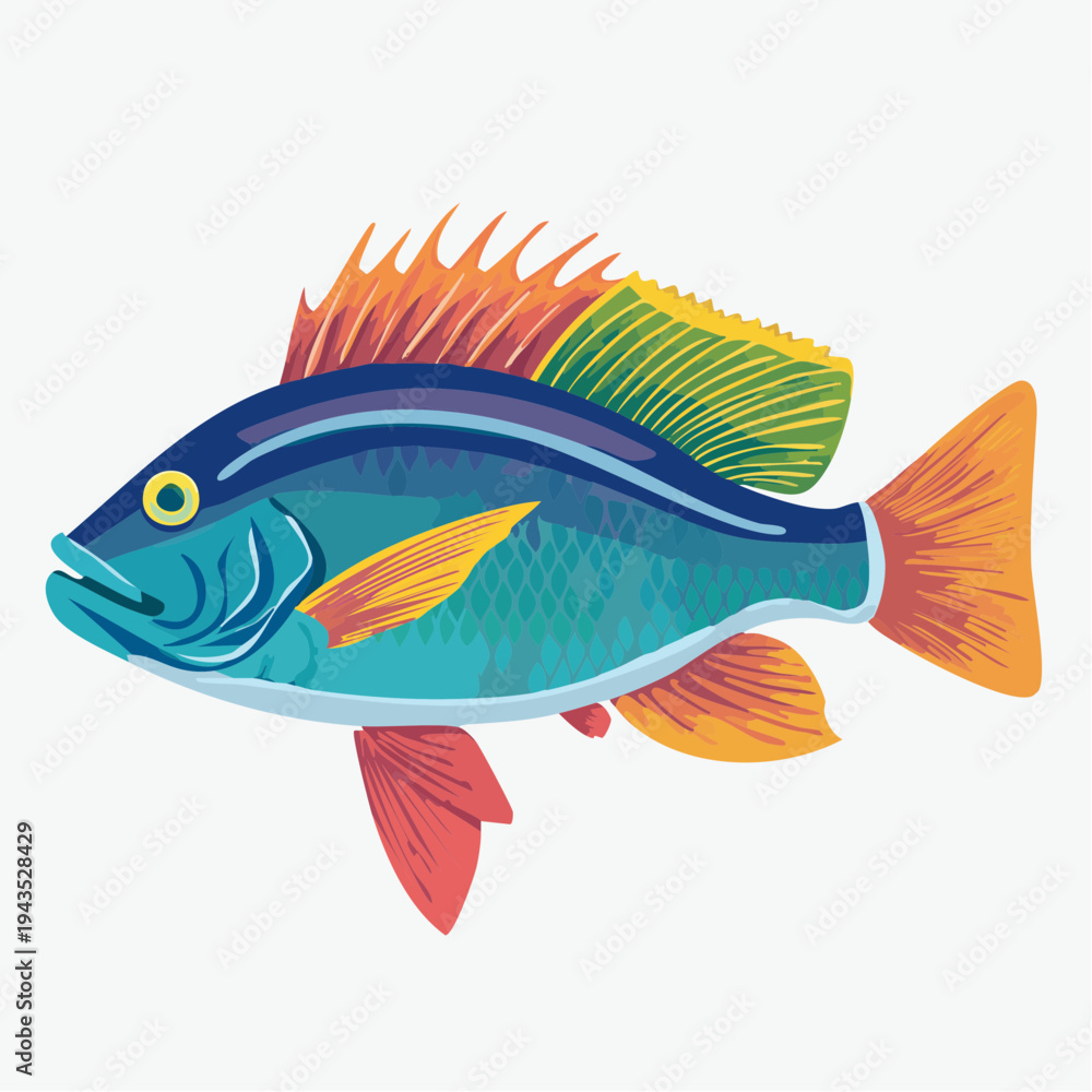Fototapeta premium Vibrant Firefly Wrasse Tropical Fish Vector Illustration, Colorful Marine Sealife Graphic for Aquarium and Ocean Conservation Themes, Isolated Exotic Saltwater Fish Art on White Background