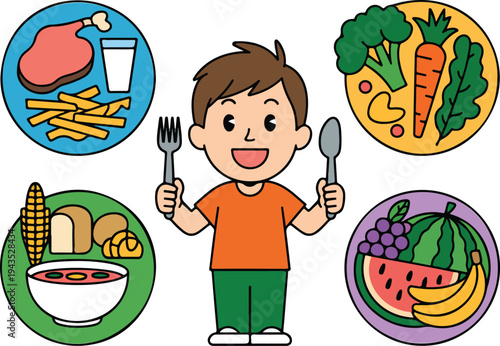 Cartoon balanced diet illustration with happy child holding fork and spoon surrounded by fruits, vegetables, grains and protein foods