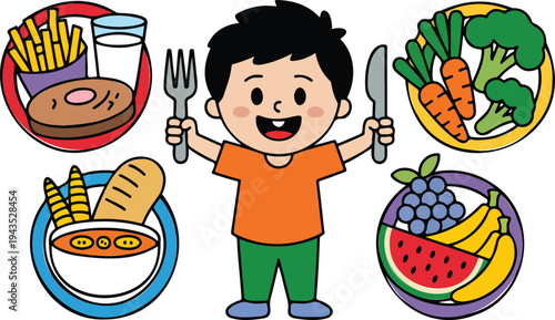 Cartoon balanced diet illustration with happy child holding fork and spoon surrounded by fruits, vegetables, grains and protein foods