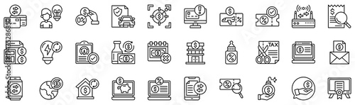 Money Saving Expert icons collection. Vector illustration. Card, Person, Loan, Insured, Target, Computer, Ticket, Coupon. Pro Vector