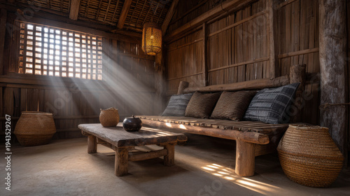Rustic interior of a cozy wooden cabin bathed in sunlight streaming through a window. The room features a wooden sofa, small table and several decorative items, all exuding warmth and tranquility