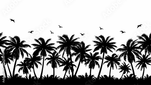 Silhouette panorama showcasing a dense row of tropical palm trees against a bright white background with several birds gracefully flying high above the foliage creating a stark contrast.
