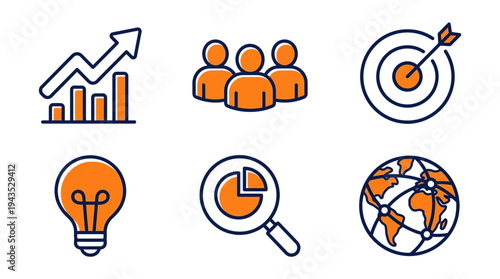 Business and marketing strategy icons set with growth chart team target lightbulb analysis and global network.