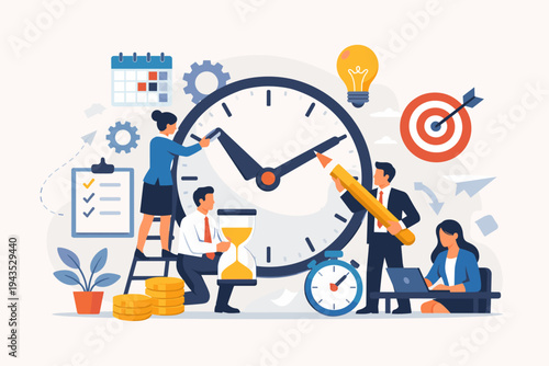 Team of business professionals managing time effectively with a giant clock, hourglass, calendar, and target. Flat vector illustration for productivity, project planning, and task management.
