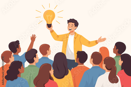 Man Holding Glowing Light Bulb Sharing Creative Idea with Diverse Crowd of People, Flat Vector Illustration Representing Leadership, Innovation, Inspiration, Brainstorming, and Education