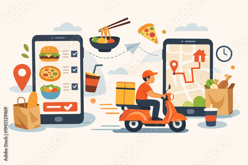 Online Food Delivery Service Concept Vector Illustration with Mobile App Interface for Ordering Meals, Courier on Scooter, GPS Tracking Map, Fast Food Icons, and Grocery Shopping Bag.