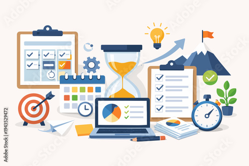 Effective Project Task Management and Time Planning Tools for Productivity. Flat Vector Illustration with Clipboard, Calendar, Hourglass, Laptop, Target, Stopwatch, and Mountain Goal Achievement.