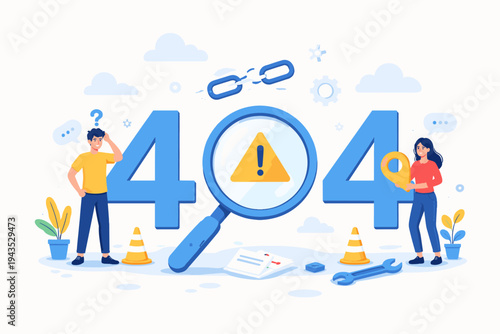 404 Error Page Not Found Vector Illustration Featuring People Troubleshooting Website Connection Issues with Magnifying Glass, Warning Sign, Broken Link, and Maintenance Tools on White Background