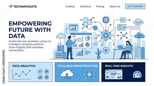 Business professionals analyzing data on a large screen with various interconnected digital elements.
