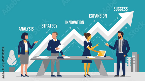 Business team collaborating on a growth strategy with upward trending graph.