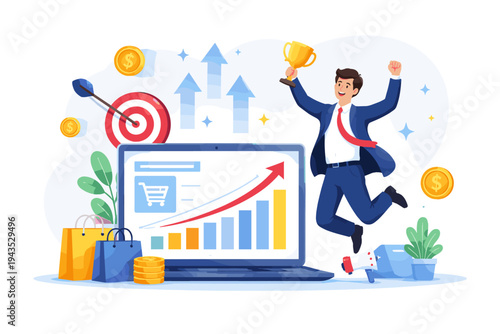 Successful businessman jumping for joy holding a trophy celebrating high online sales growth on laptop screen with target, shopping bags, and coins. E-commerce business success concept vector.