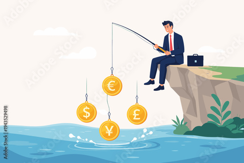 Businessman sitting on a cliff fishing for global currency coins including dollar, euro, yen, and pound. Concept of financial investment, profit, earning money, global market, and economic success.