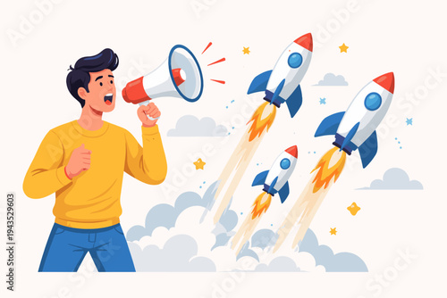 Man Shouting into Megaphone Announcing Startup Launch with Rockets Flying into Sky, Flat Vector Illustration for Marketing, Business Promotion, Success, Growth, and New Product Announcement Concept