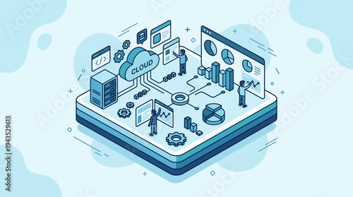 Cloud Computing and Data Analytics Isometric Illustration.