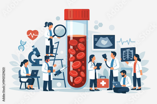Medical Team Performing Blood Test Analysis and Diagnostics with Large Test Tube, Red Blood Cells, Microscope, X-ray, and Ultrasound, Vector Illustration for Healthcare and Laboratory Research