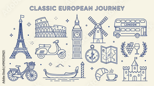 Classic European Journey Collection of Iconic Landmarks and Travel Symbols.