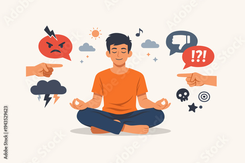 Peaceful man meditating in lotus position surrounded by negative symbols like angry faces, pointing fingers, and storm clouds, representing resilience, emotional balance, and mental mindfulness.