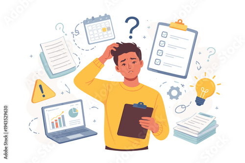 Vector Illustration of a Puzzled Man Scratching His Head While Thinking About Confusing Work Tasks, Deadlines, and Problem Solving, Surrounded by Checklist, Laptop, Calendar, and Idea Icons.