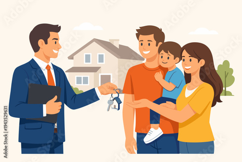 Professional real estate agent in a suit handing over house keys to a happy young family with a child in front of their new home. Flat vector illustration of property purchase and home ownership.