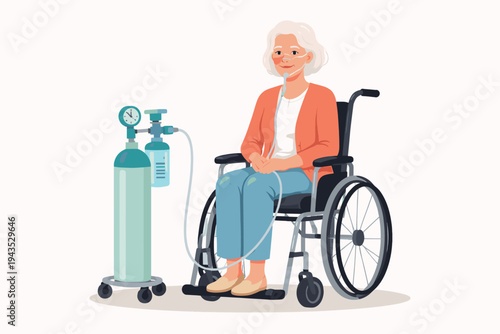 Senior woman sitting in a wheelchair receiving oxygen therapy from a portable tank with a nasal cannula. Flat vector illustration of elderly patient care, medical equipment, and disability.
