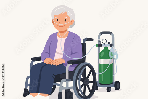 Elderly woman with COPD sitting in a wheelchair receiving oxygen therapy from a tank with a nasal cannula, flat vector illustration of senior patient care, medical assistance and health support.