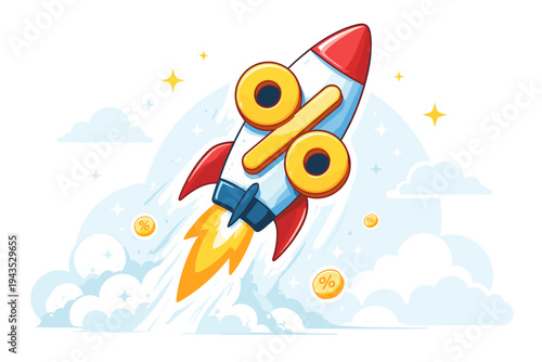 Vector illustration of a rocket with a large percentage symbol flying upwards through clouds, symbolizing rapid financial growth, rising interest rates, inflation, and business success.