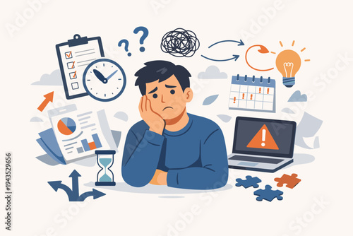 Flat Vector Illustration of a Stressed Man Feeling Overwhelmed by Workload, Deadlines, and Complex Tasks. Concepts of Burnout, Mental Health, Time Management, and Confusion in the Workplace.