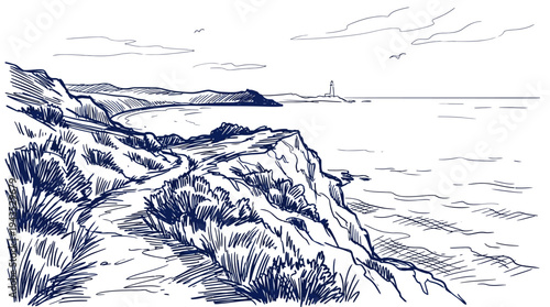 Coastal cliff path overlooking the ocean with distant lighthouse.
