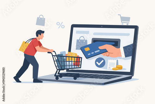 Vector Illustration of a Man Pushing a Shopping Cart onto a Laptop for Online Shopping, Hand Emerging from the Screen to Pay with a Credit Card, Digital E-commerce and Internet Retail Concept.