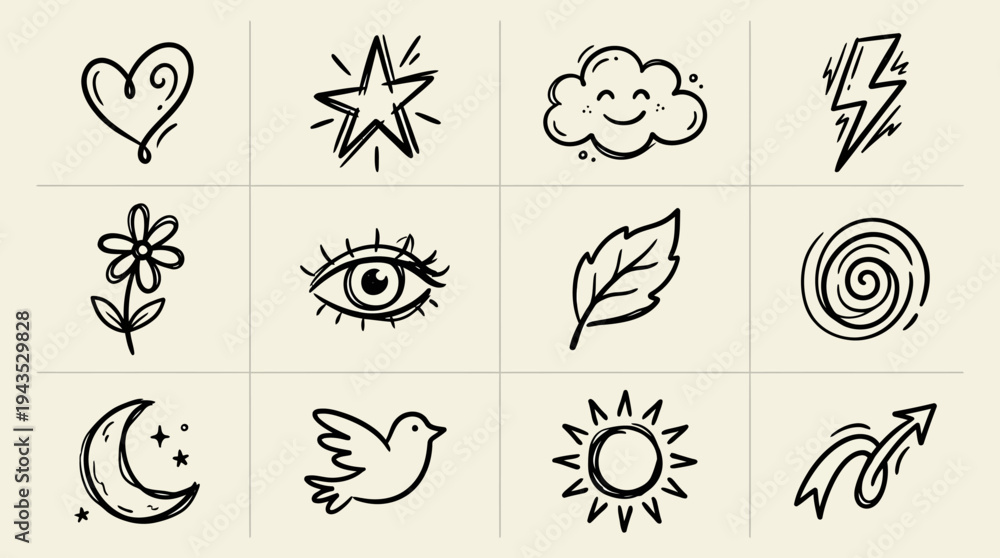 Fototapeta premium Collection of Hand Drawn Doodle Icons Representing Nature and Abstract Concepts.