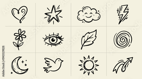 Collection of Hand Drawn Doodle Icons Representing Nature and Abstract Concepts.