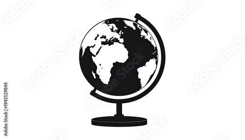 A simple black and white graphic depicting a terrestrial globe on a stand. Its continents are shown clearly