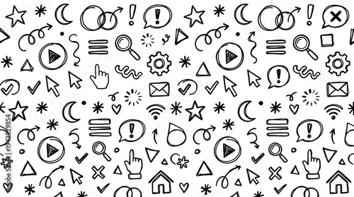 Collection of Hand Drawn Icons and Symbols Seamless Pattern.