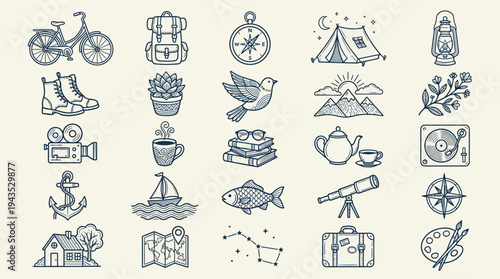 Collection of hand drawn travel and adventure themed icons.