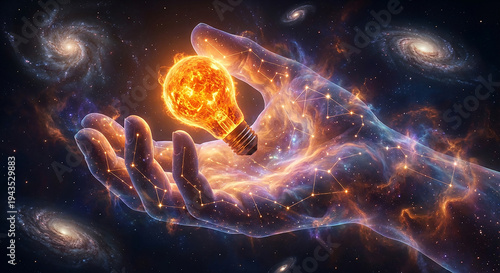 Cosmic hands holding glowing lightbulb idea in starry space nebula, perfect for creative innovation concepts, universe energy or inspiration designs