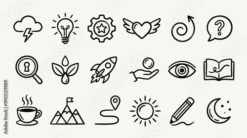 Collection of Hand-Drawn Doodle Icons Representing Business, Creativity, and Conceptual Ideas.