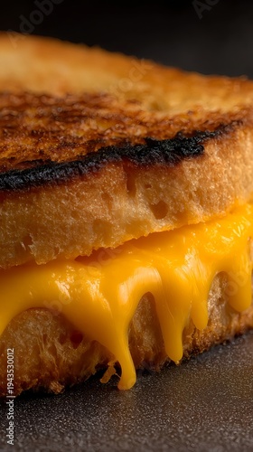 Crunchy artisan sourdough grilled cheese with gooey melted cheese stretch and bold commercial food photography styling