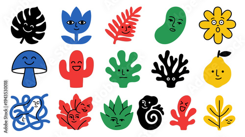 Collection of vibrant, whimsical plant and nature-inspired cartoon characters with expressive faces.