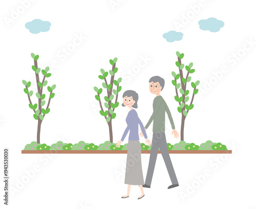 散歩しているシニア夫婦