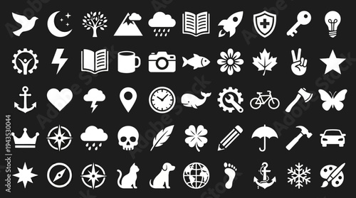 Collection of White Icons on Black Background Representing Various Concepts.