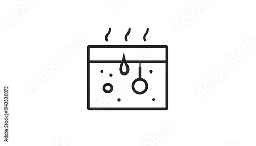 A simple black and white line drawing of a rectangular container with steam rising, a falling drop, and bubbles
