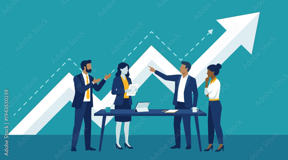 Fototapeta premium Diverse business team collaborates on a successful growth strategy.