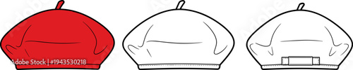 Beret Hat Technical Flat Sketch, Red and White French Style Headwear Design, Accessory Tech Pack