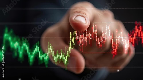 Hand touching stock market chart with red and green candles, financial data analysis