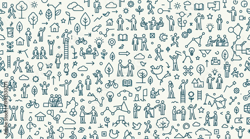 Diverse collection of outline icons representing various aspects of life and society.