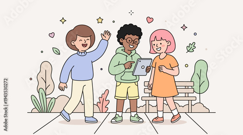 Diverse group of children interacting happily outdoors.