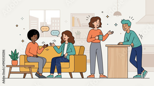 Diverse group of friends engaging in lively conversation and social interaction.