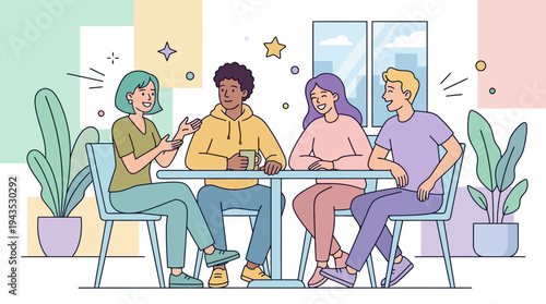 Diverse Group of Friends Enjoying a Casual Conversation at a Cafe.